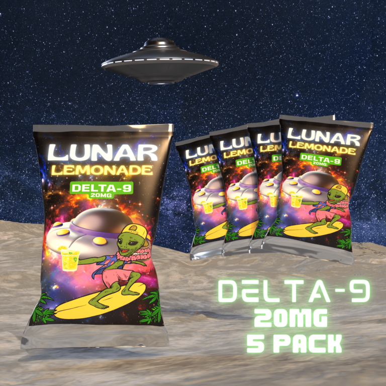 lunar lemonade 20mg delta-9 drink mix packets on the moon surface with a flying saucer in the background